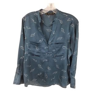 ZARA BASIC Leaf Print Teal Satin Henley Top Sz M